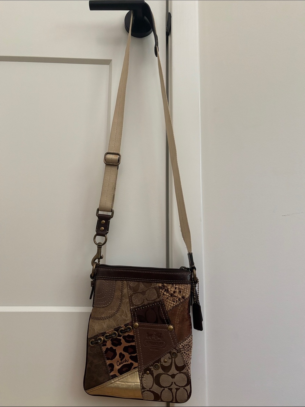 Patchwork Crossbody Bag in Brown, Tan & Gold